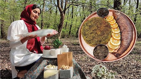 Baking vegetable pilaf with fish for New Year celebration in the forest