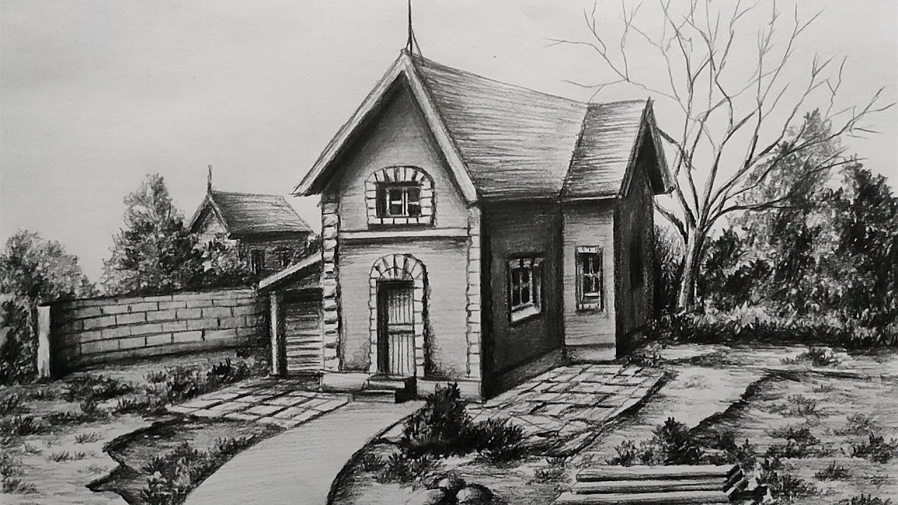 How to Draw a Landscape Scenery with House | Step by step Pencil ...