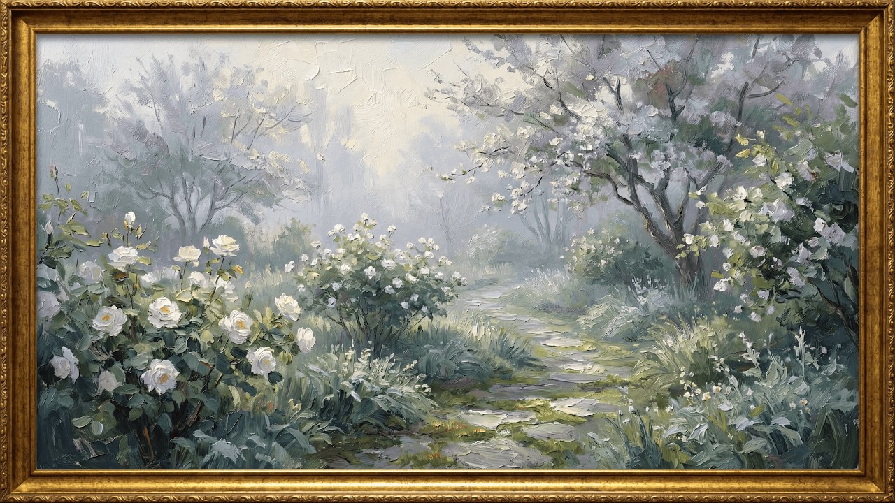 Vintage Spring Garden White Roses Painting | Gold Frame TV Art | Art Screensaver for TV | No Sound