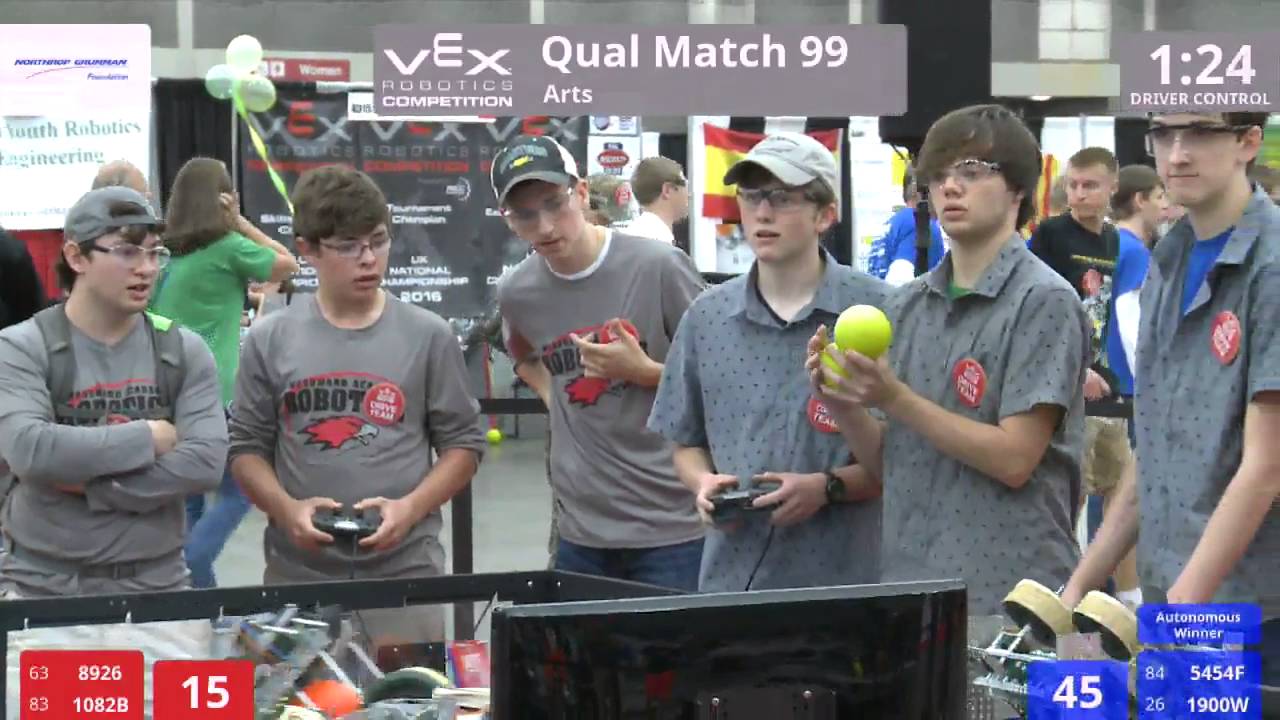 VEX Worlds 2016 - VRC High School - Arts - Qual 99 (8926 1082B) 174 vs 269 (5454F 1900W)