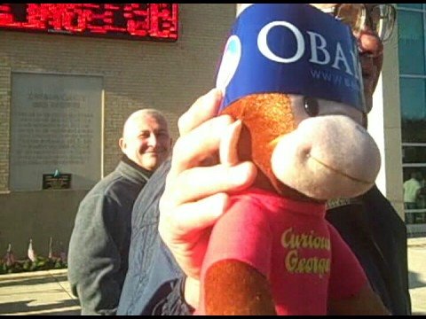 Palin supporter displays racist Obama Monkey and flaunts it outside of Palin rally in Johnstown , Pennsylvania. October 11, 2008. And there's more from Johnstown here: www.youtube.com