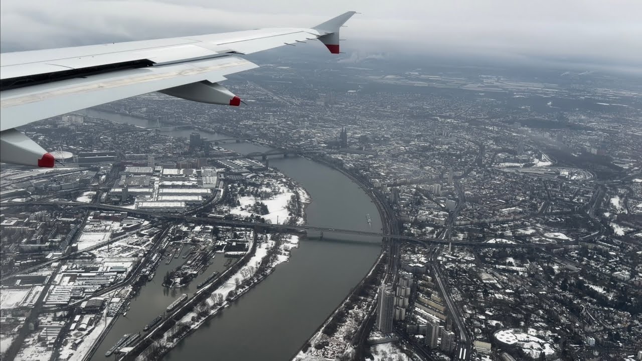 Landing into Köln Bonn Flughafen (Cologne Airport) in semi-snowy conditions on a BA Airbus A319