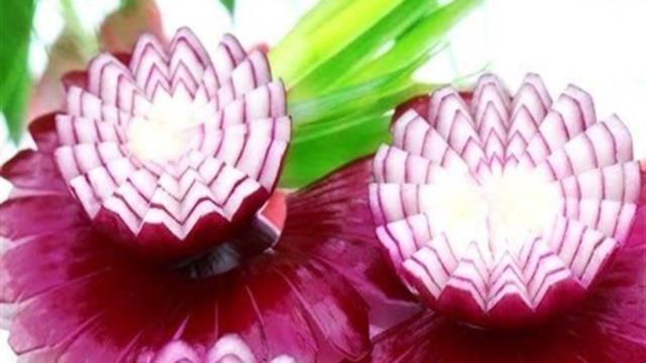 Onion | vegetable caving | garnish flower - red onion | onion flower carving