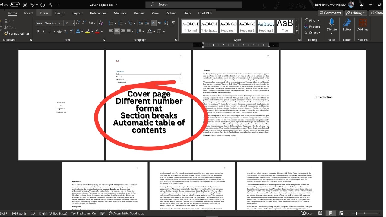 How to format a thesis cover page, section break, different numbers and ...