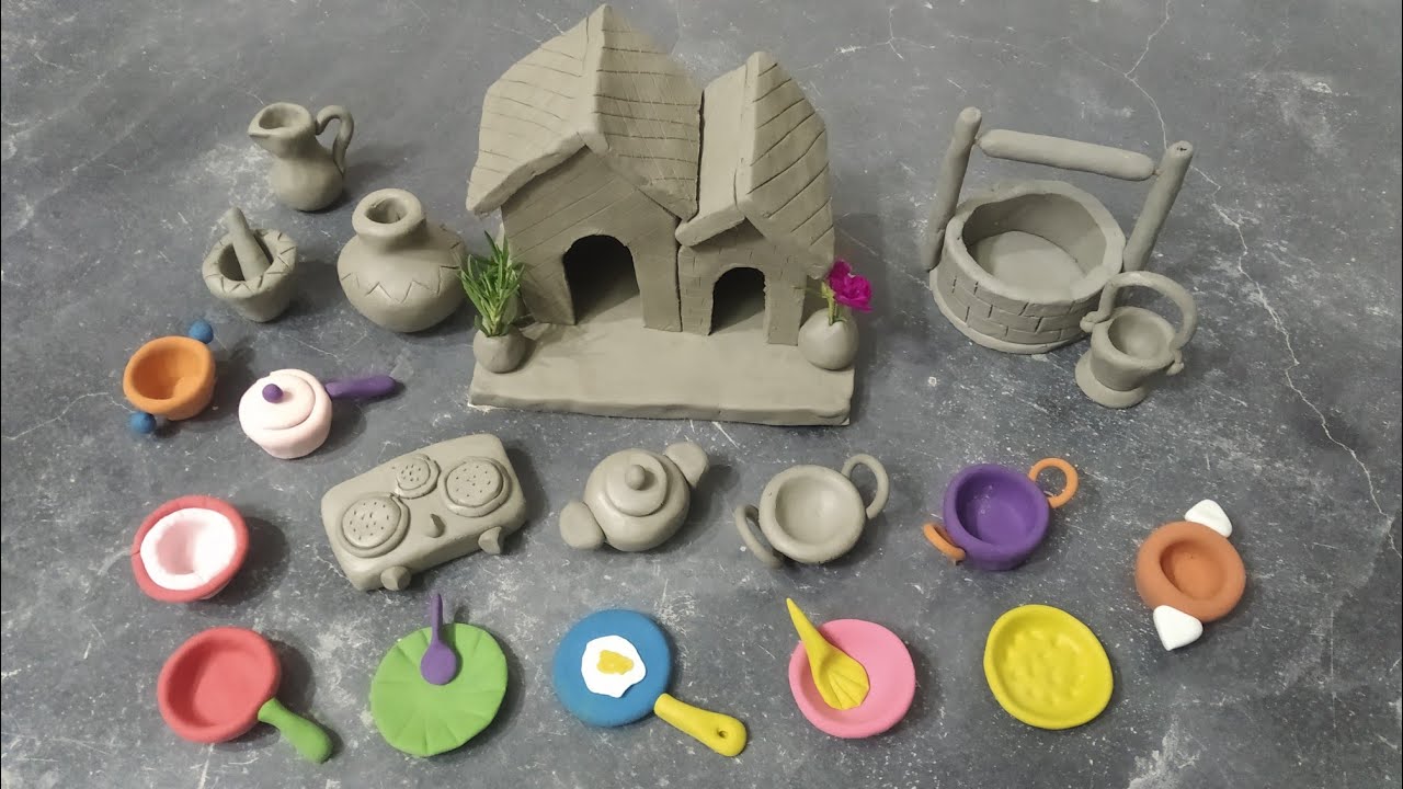 DIY How To Make Polymer Clay Miniature House, Kichten Set, Water Well ...