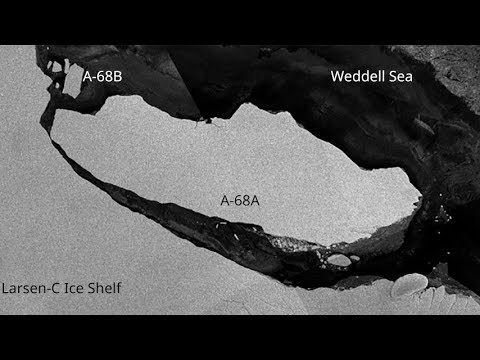 Icebergs A-68A and A-68B drift out to sea, Larsen-C Ice Shelf, Antarctica