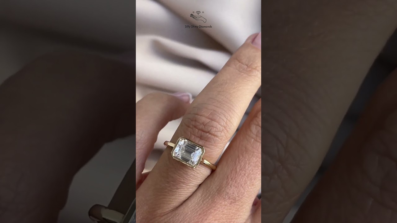 East West Emerald Cut Solitaire Bezel Set Diamond Engagement Ring 