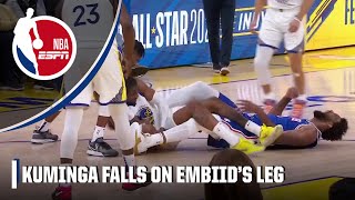 Joel Embiid leaves game after Jonathan Kuminga falls on his left leg | NBA on ESPN