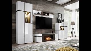 Wohnwand / TV-Lowboard "Lovely", weiß Hochglanz und Ulme, mit Ethanol Kamin