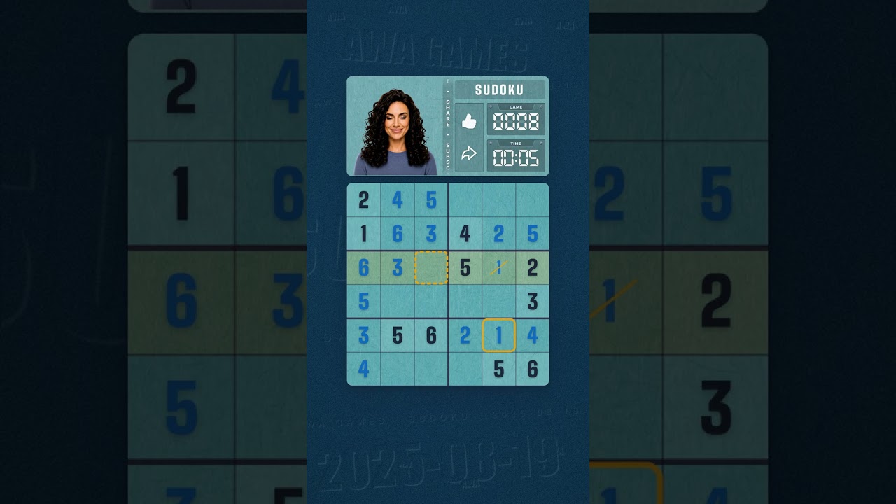 LinkedIn Mini Sudoku #8 solved board for August 19, 2025, 6x6 grid