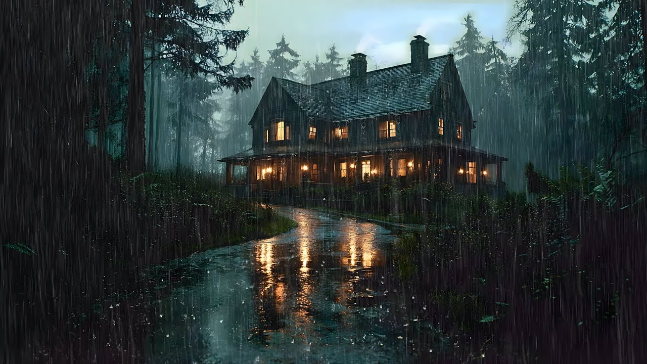 🌲 Dark Forest Cabin in Heavy Rain LIVE | Atmospheric Night Sounds for Relaxation