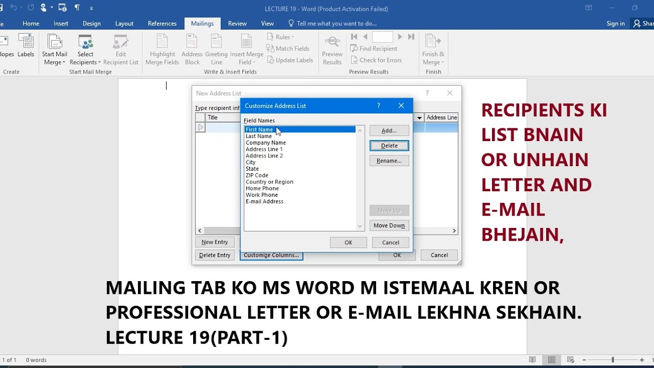MAILING TABRECIPIENTS LISTMS WORD M PROFESSIONAL LETTER KESY BNAIN