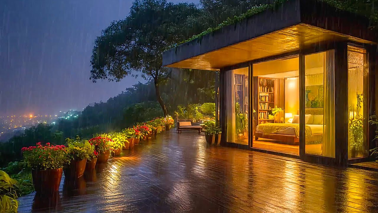 Gentle Rain Sounds in Cozy Modern Forest Cabin for Sleeping 🌧️