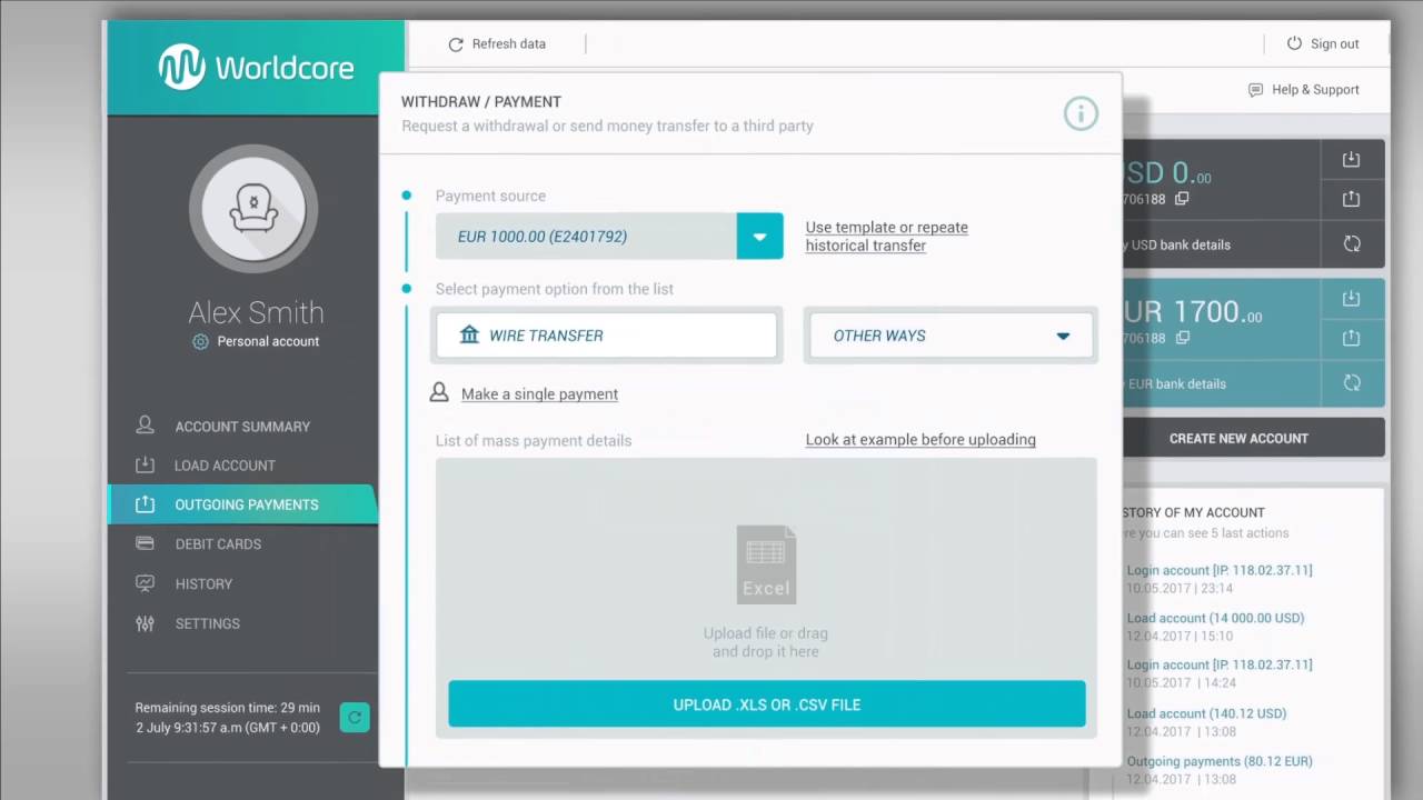 Worldcore Help : Mass payments to bank accounts