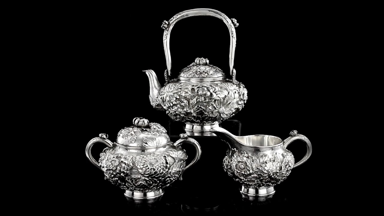 ANTIQUE 19thC JAPANESE MEIJI SOLID SILVER EXCEPTIONAL TEA SET, SIGNED c 1890