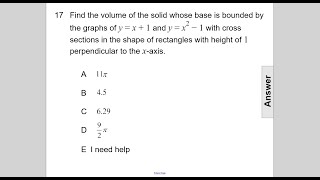 AP Calc AB Volume by Known Cross Sections Q17