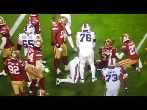 Josh Allen points at penalty mid play as teammate gets flipped over