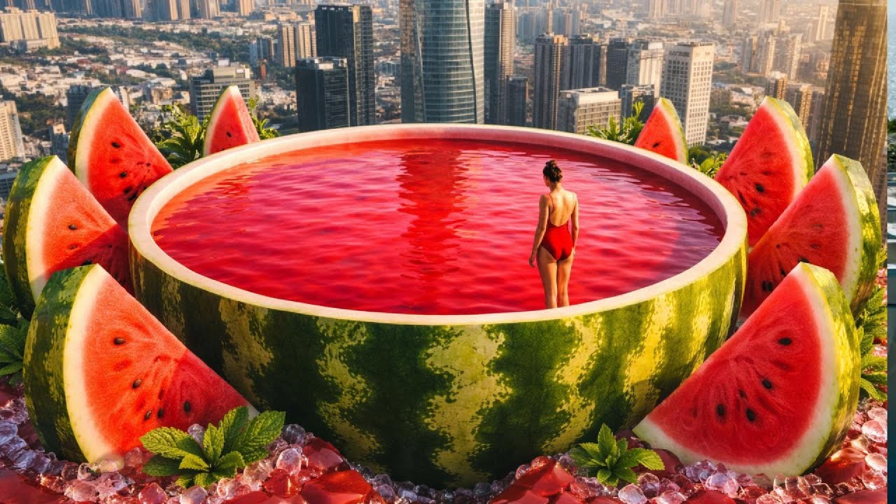 Oddly Satisfying AI ASMR 🌈 Giant Fruit Pool Jumping & Blissful Water Splash | No Music