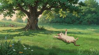 Happy Cat Stretching Sunny Meadow Anime 4K No Copyright
