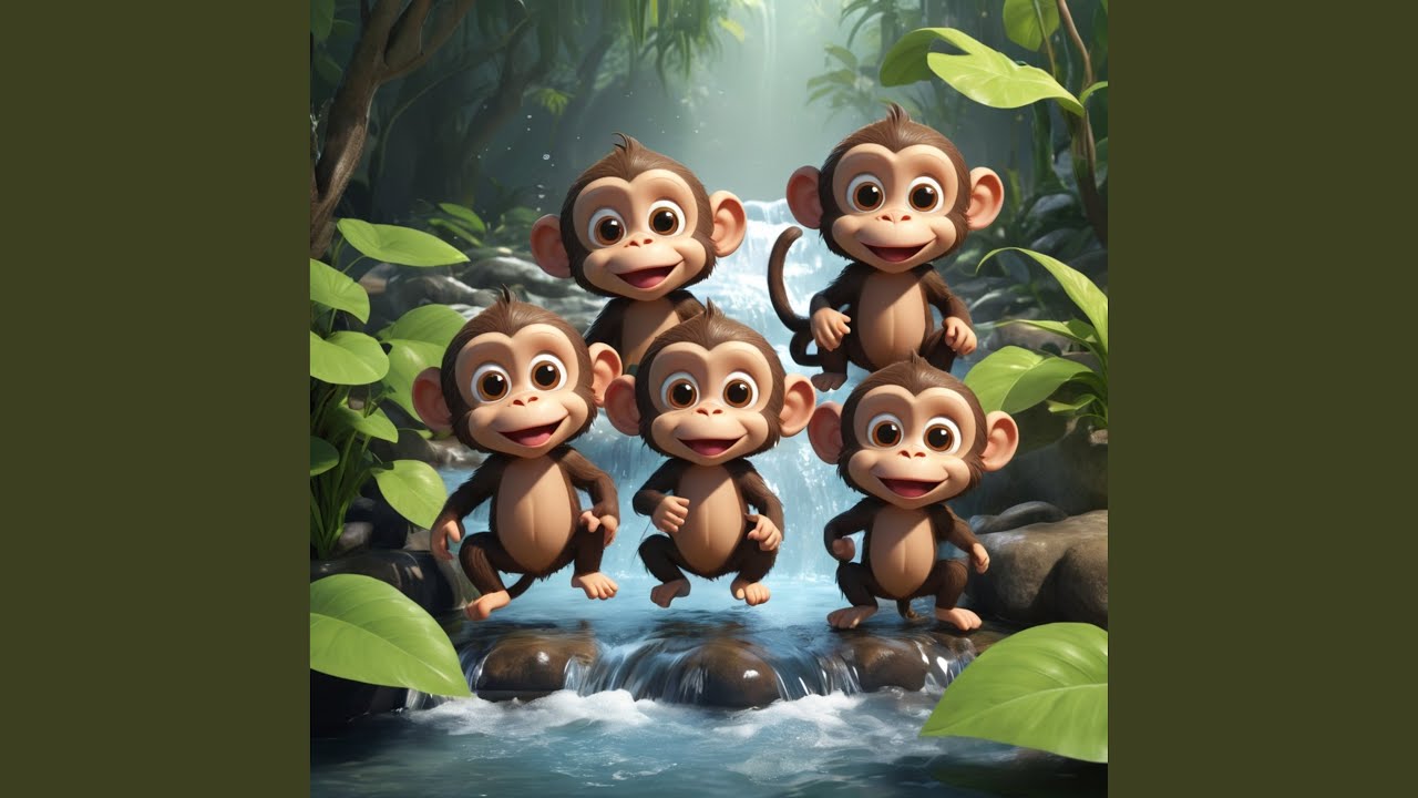 splash Five little monkeys in the stream