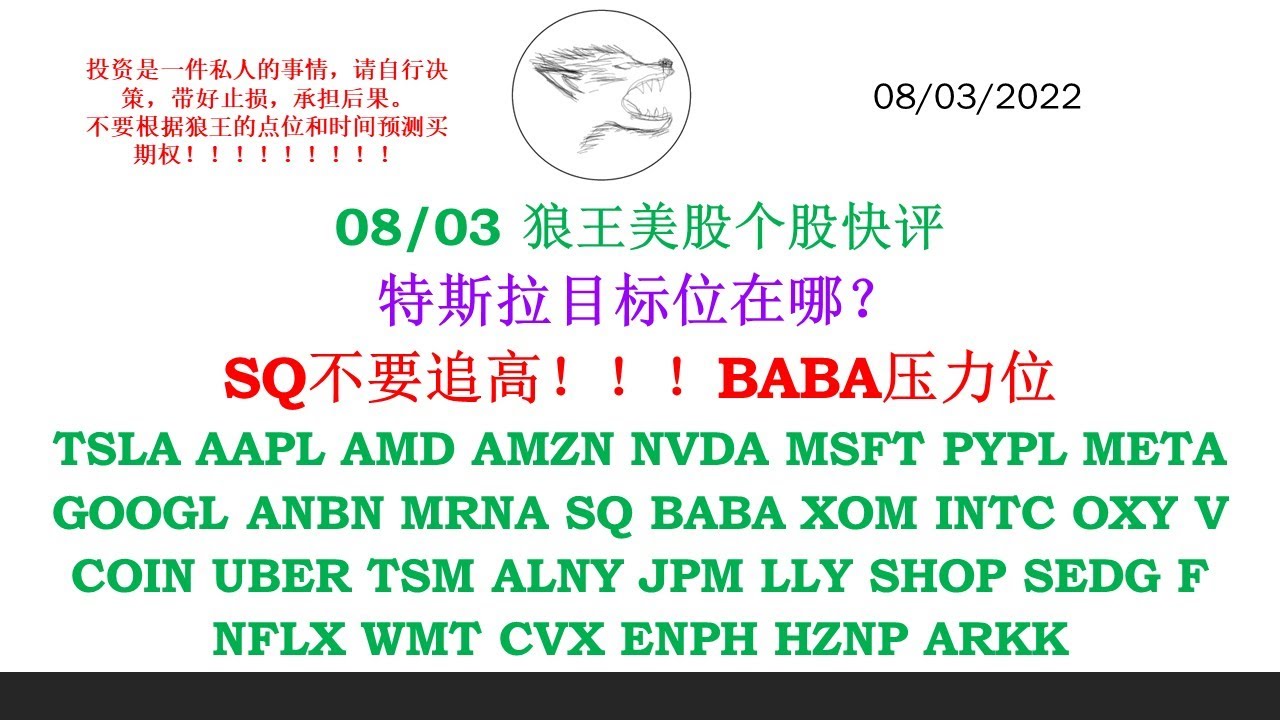 狼王美股个股快评特斯拉目标位在哪？SQ不要追高！！！BABA压力位TSLA AAPL AMD AMZN NVDA MSFT PYPL META  GOOGL ANBN MRNA SQ BABA XOM