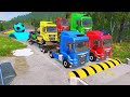 Double flatbed trailer truck vs speedbumps train vs cars  tractor vs train beamngdrive 09