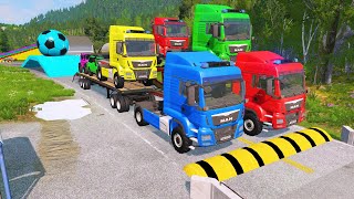 Double Flatbed Trailer Truck vs Speedbumps Train vs Cars | Tractor vs Train Beamng.Drive 09