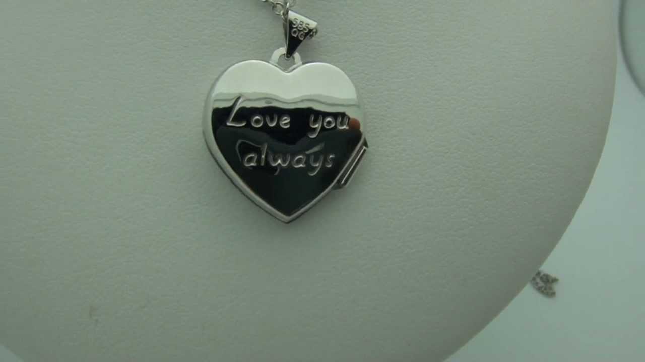 14K White Gold Scrolled "Love you always" Heart Locket - YouTube