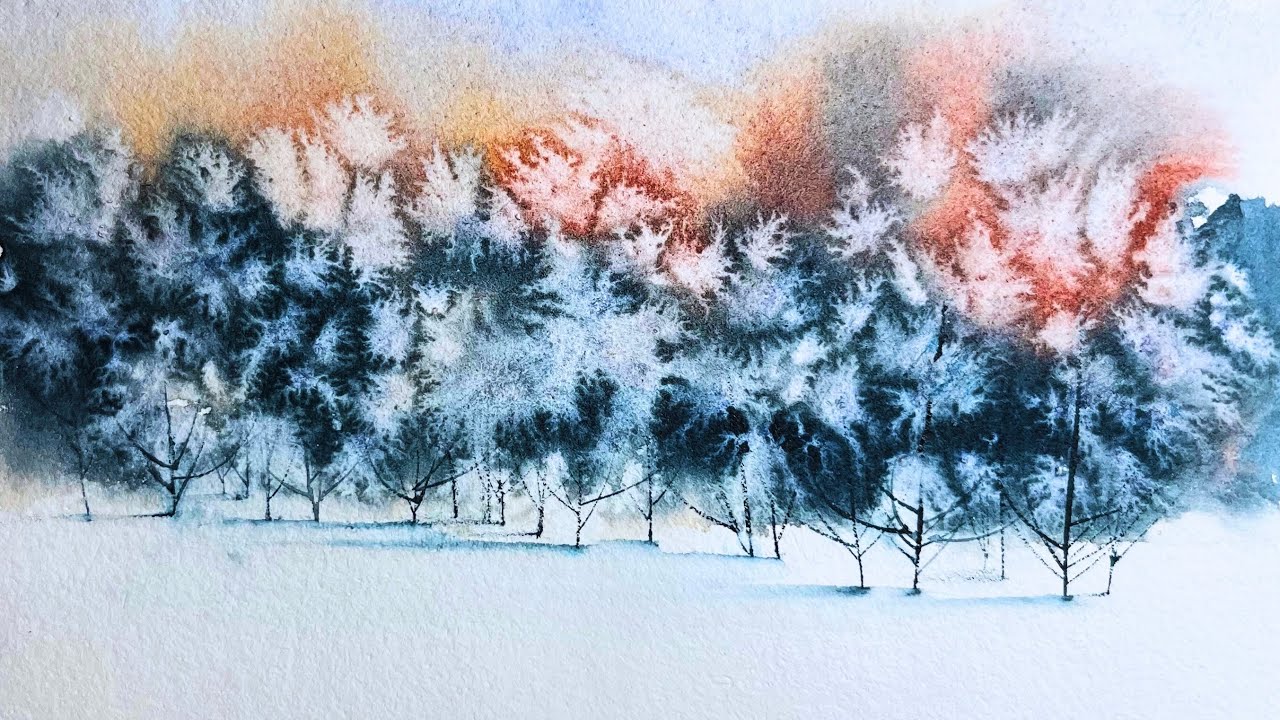Watercolor Forest Painting | Calm Winter Landscape