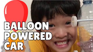 Balloon powered car (STEM challenge), Science experiment for kids, materials found in the house.