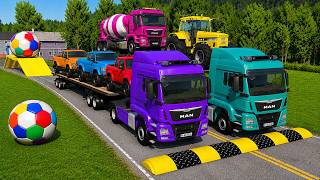 TRANSPORTING PIXAR CARS & FRUITS WITH COLORED & JOHN DEERE vs CLAAS vs TRACTORS