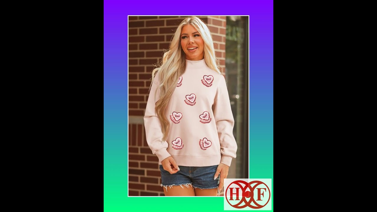 Light Pink Sequin Heart Patched Love Cake Mock Neck Sweatshirt