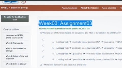 Basic of Biology| Assignment 3 Solution | Week 3 | Swayam | Nptel 2023