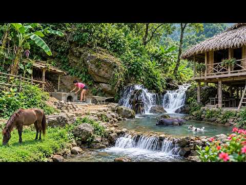Building a Stone Kitchen Beside a Waterfall - Catching Fish in the River | Off-Grid Farm Life