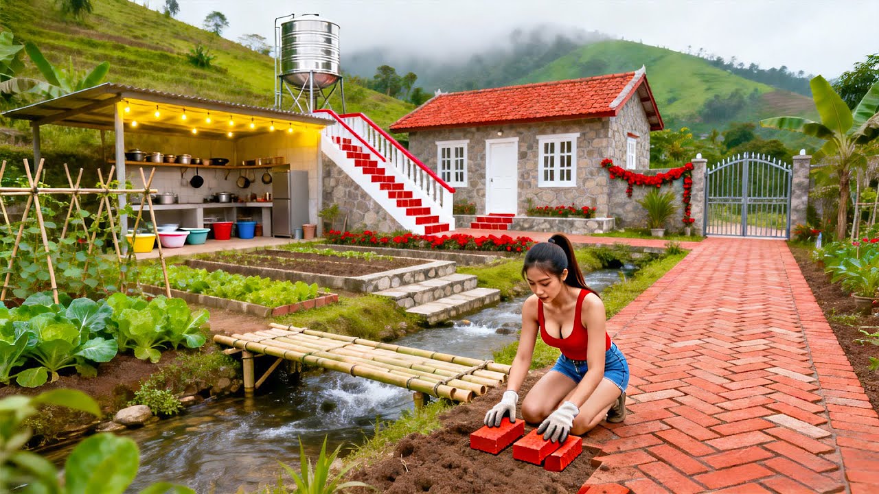 TIMELAPSE - Solo Forest Girl: Building a Road to Her Home, Constructing a 2-Storey Wooden House