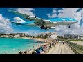 BOEING 747 low LANDING above THE BEACH - St Maarten and Maho Beach (4K)