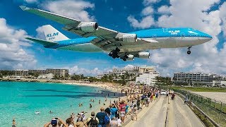 BOEING 747 low LANDING above THE BEACH  St Maarten and Maho Beach (4K)