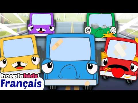 Cinq Petits Bus Sautent sur la Route | Comptines et Chansons pour enfants | HooplaKidz Franҫais