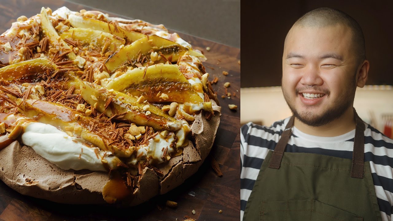 Chocolate Banoffee Pavlova: Coffee Caramel, Brulée Bananas, Dark Choc Meringue