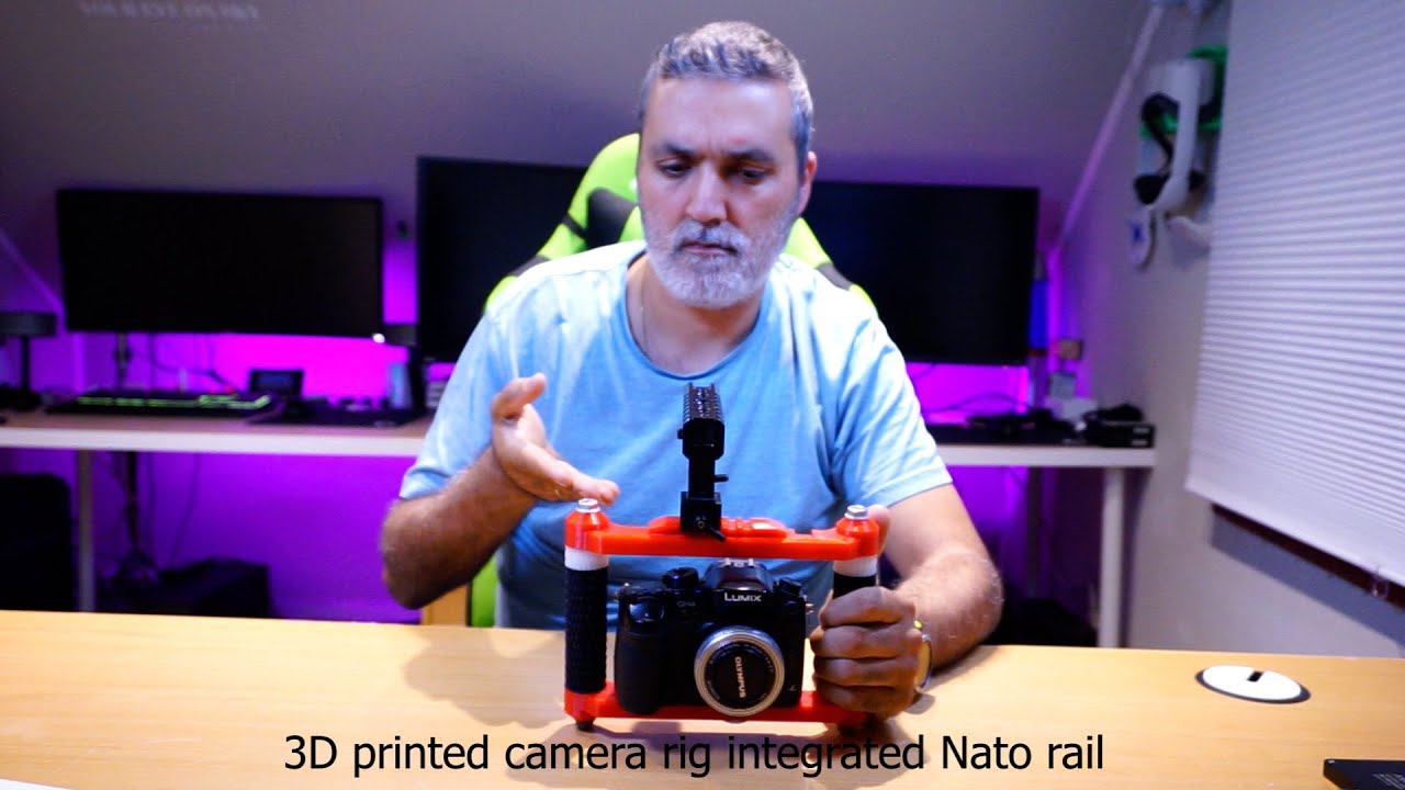 3D printed camera rig integrated nato rail on top , all info inside