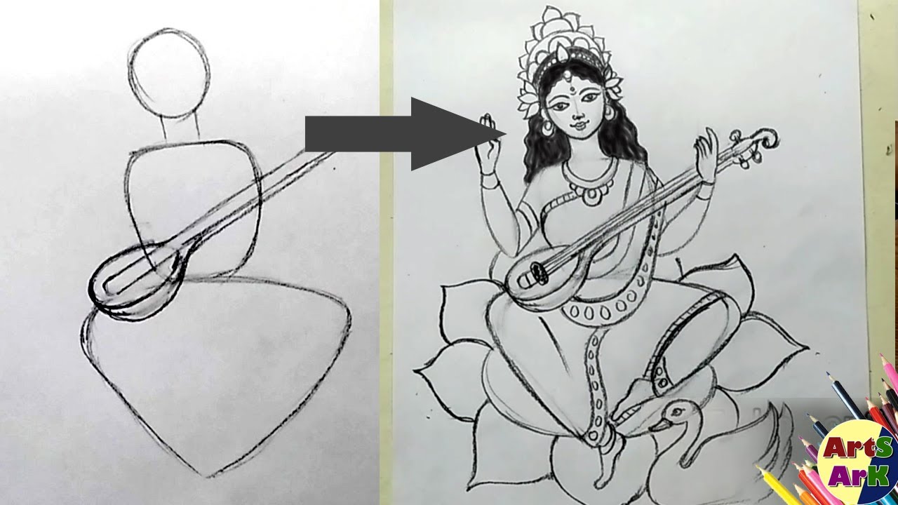 How to draw Saraswati Devi easy step by step Basant panchami special  drawingwith oil pastel  Saraswati devi Oil pastel Drawings