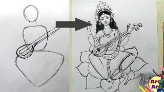 Premium Vector  Saraswati maa hindu goddess of knowledge on lotus flower  and playing veena instrument line drawing