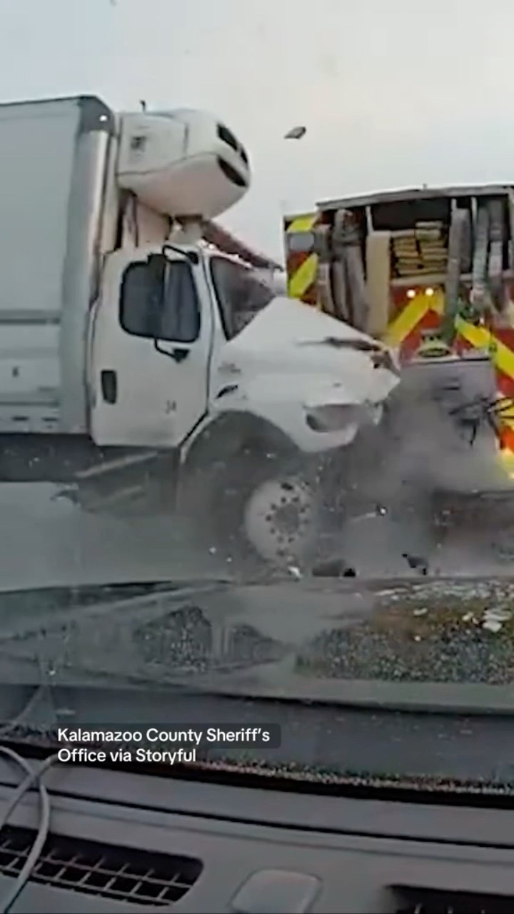 Semi-truck slams into firetruck assisting a separate accident in Michigan #shorts