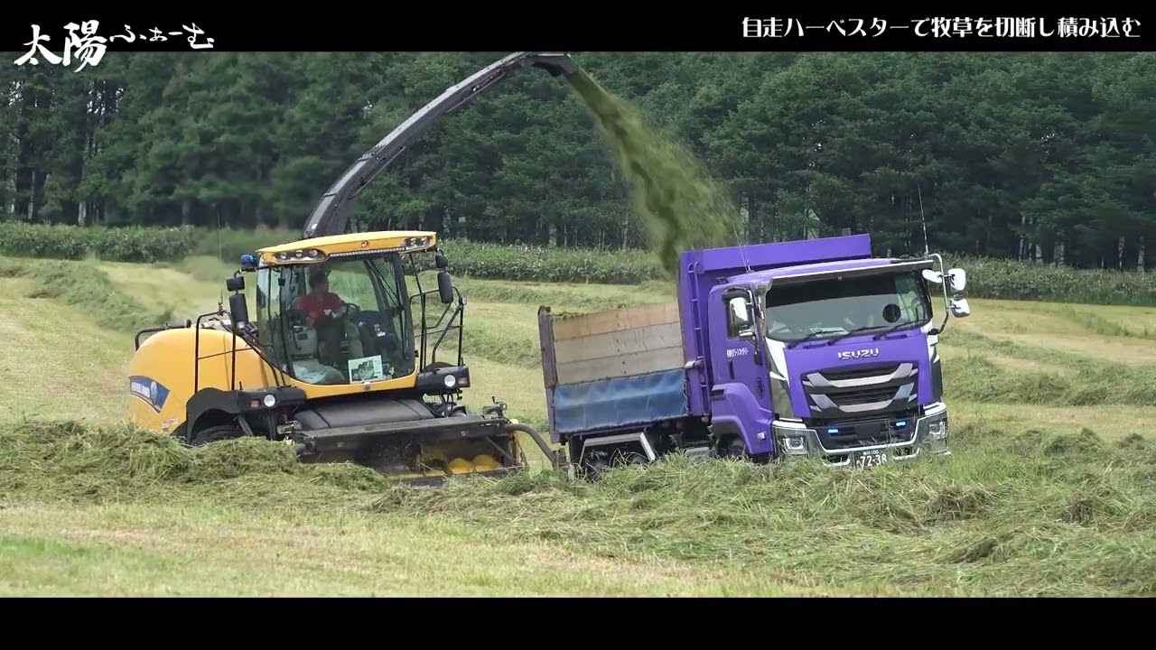 自走ハーベスターで牧草を短く切断 - YouTube