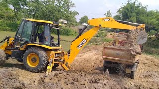 Jcb 4Dx Backhoe Loader Machine Work At Pond Digging And Tata Tipper Truck Loading.149