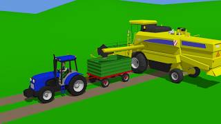 Tractor and Combine Harvester Harvesting a wheat field - cartoons and animations for children