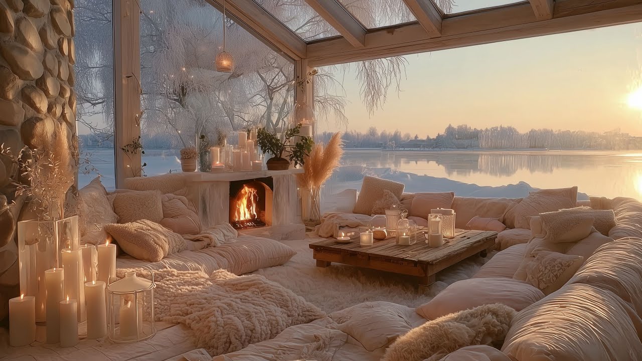 Warm Winter Lake Cabin Ambience Gentle Piano Music Fireplace Sounds for Sleep Focus and Calm Mind No