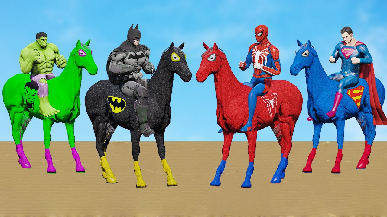 PRO 5 HORSE SUPERHERO GAME CROSSING BRIDGE ON COLOR SPIDERS FUNNY AGAINST SHARKS JUMP ANIMALS GTA 5