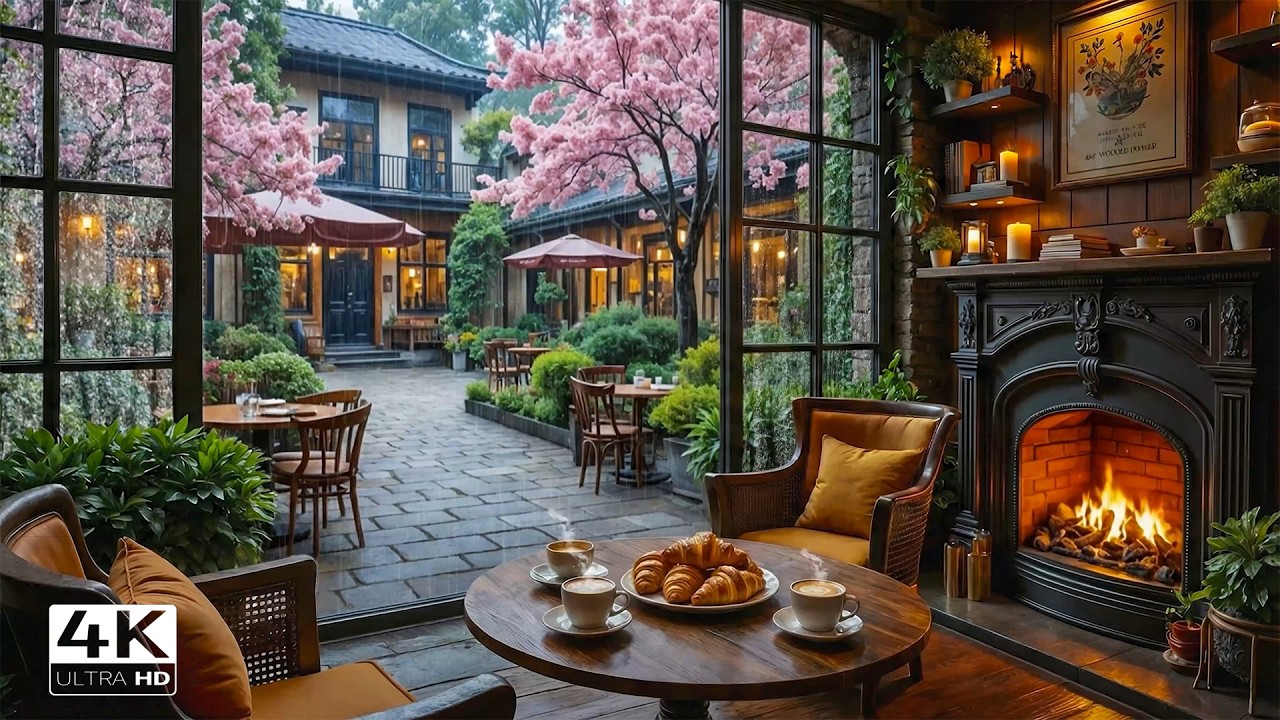 Спокойная мартовская дождливая кофейня 4K☕ Плавная джазовая фортепианная музыка и атмосфера камина