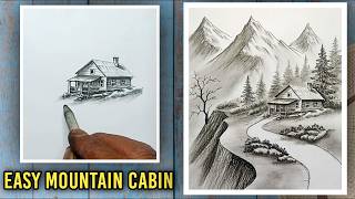 Easy Mountain Cabin Scenery Drawing with Charcoal Pencil | Step-by-Step for Beginners
